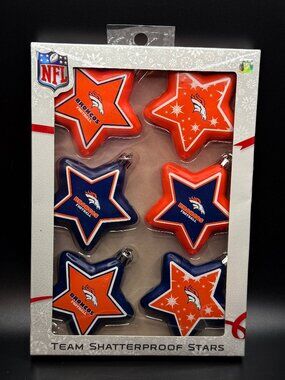 NEW NFL Denver Broncos Team Shatterproof Star Christmas Ornaments Lot of 6